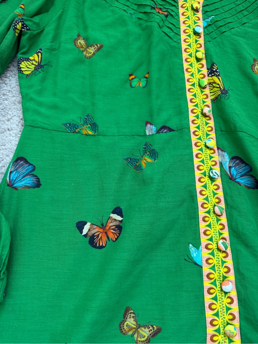 Green Butterfly-Print Long Sleeve Dress with Yellow Trim - Picture 2 of 4